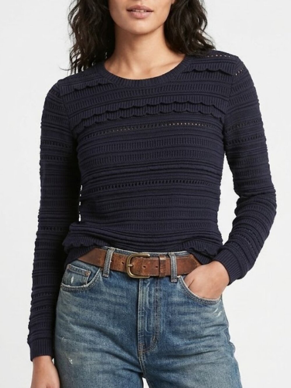 Banana Republic Navy Scallop Layered Pointelle Knit Sweater Size M